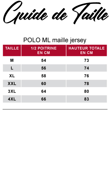 guide de tailles des polos manches longues